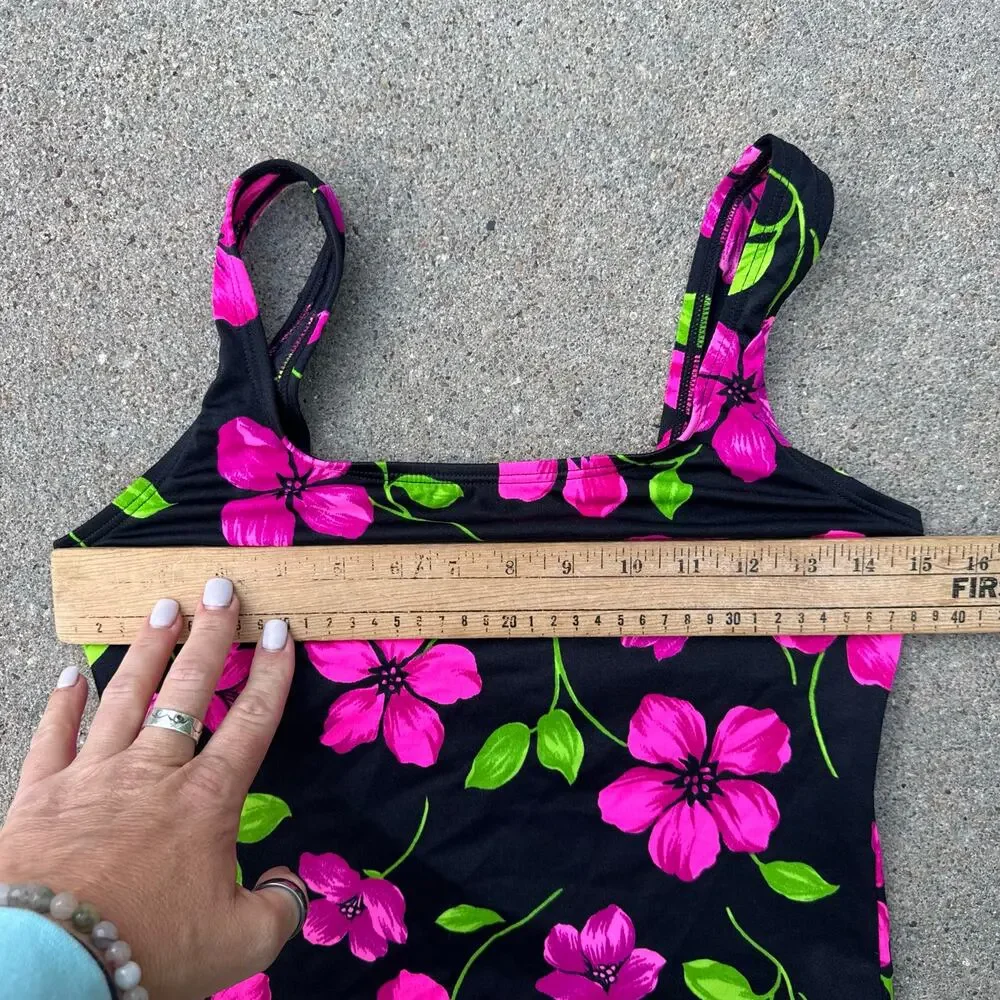 Vintage 90s Catalina Tankini Swim Top Black Purple Floral Tropical SMALL